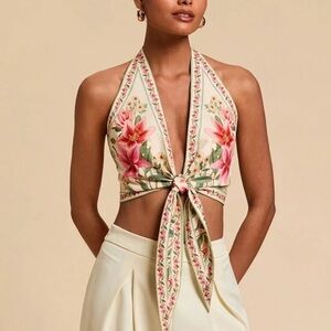 Floral Halter Tie-Front Top - Cream and Pink